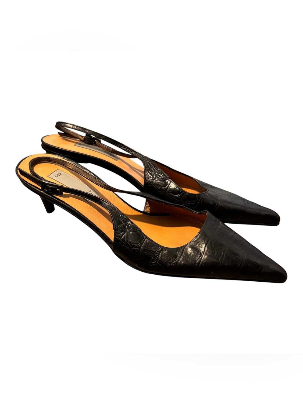 GDB Made in Italy Classic Black Pointed Slingback Kitten Heel Alligator